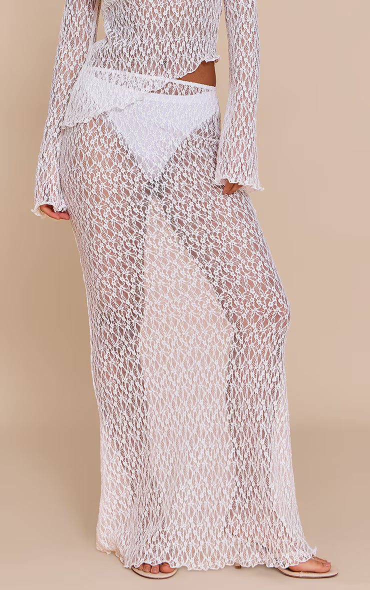White Sheer Lace Fishtail Maxi Skirt