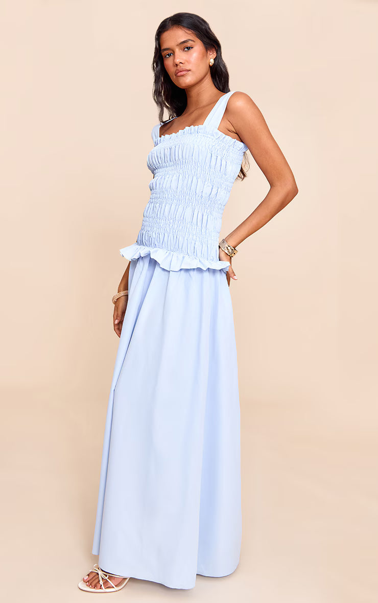 Blue Shirred Frill Detail Maxi Dress