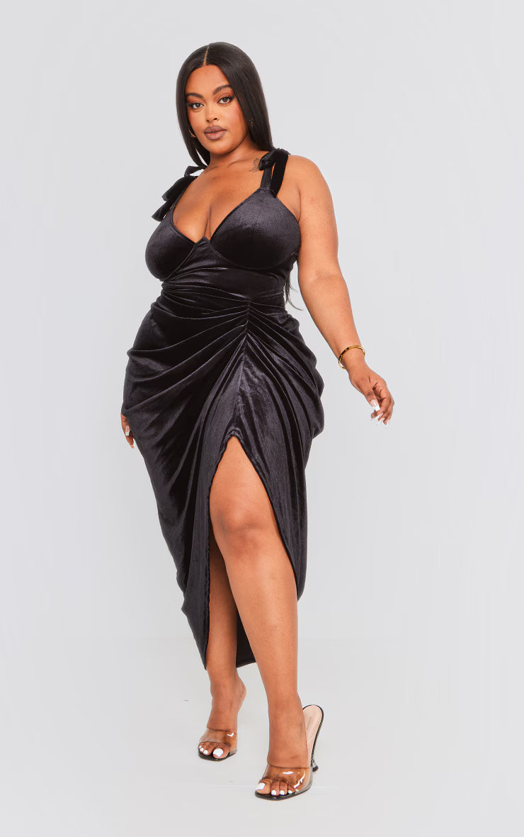 Plus Black Velvet Underwire Detail Draped Midi Dress