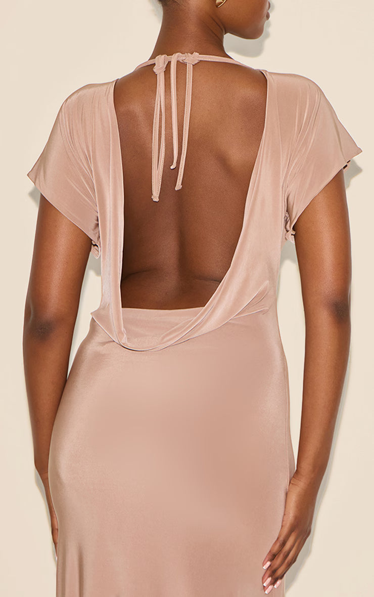 Beige Double Layered Slinky Ruched Short Sleeve Maxi Dress