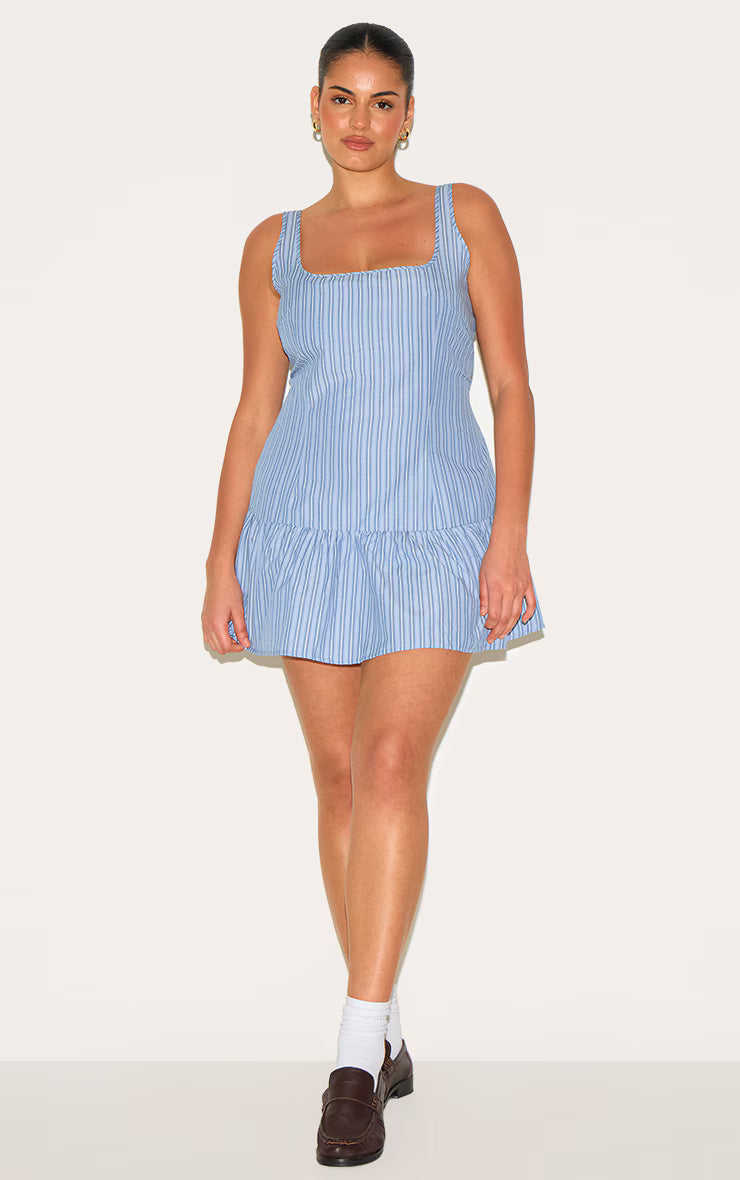 Plus Blue Striped Sleeveless Scoop Neck Shift Dress
