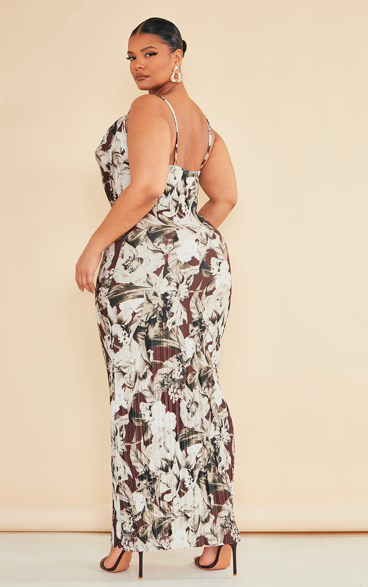 Plus Brown Floral Printed Plisse Cowl Neck Maxi Dress
