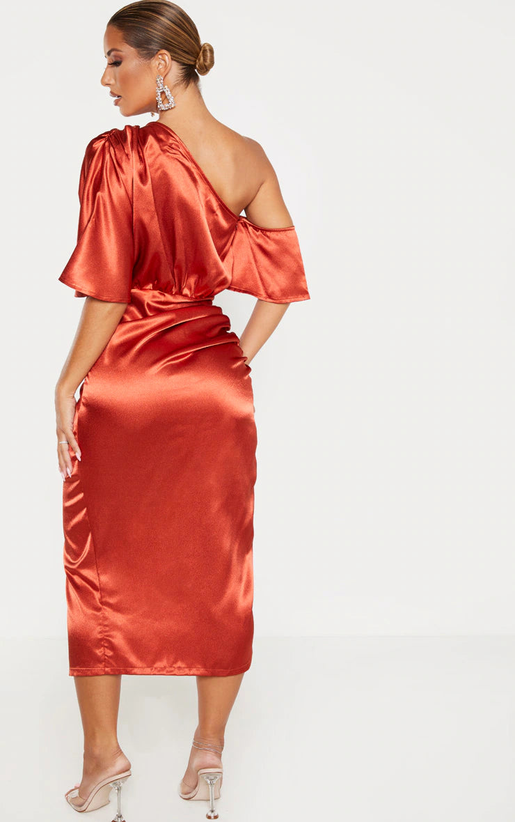 Rust Satin One Shoulder Ruched Skirt Midi Dress
