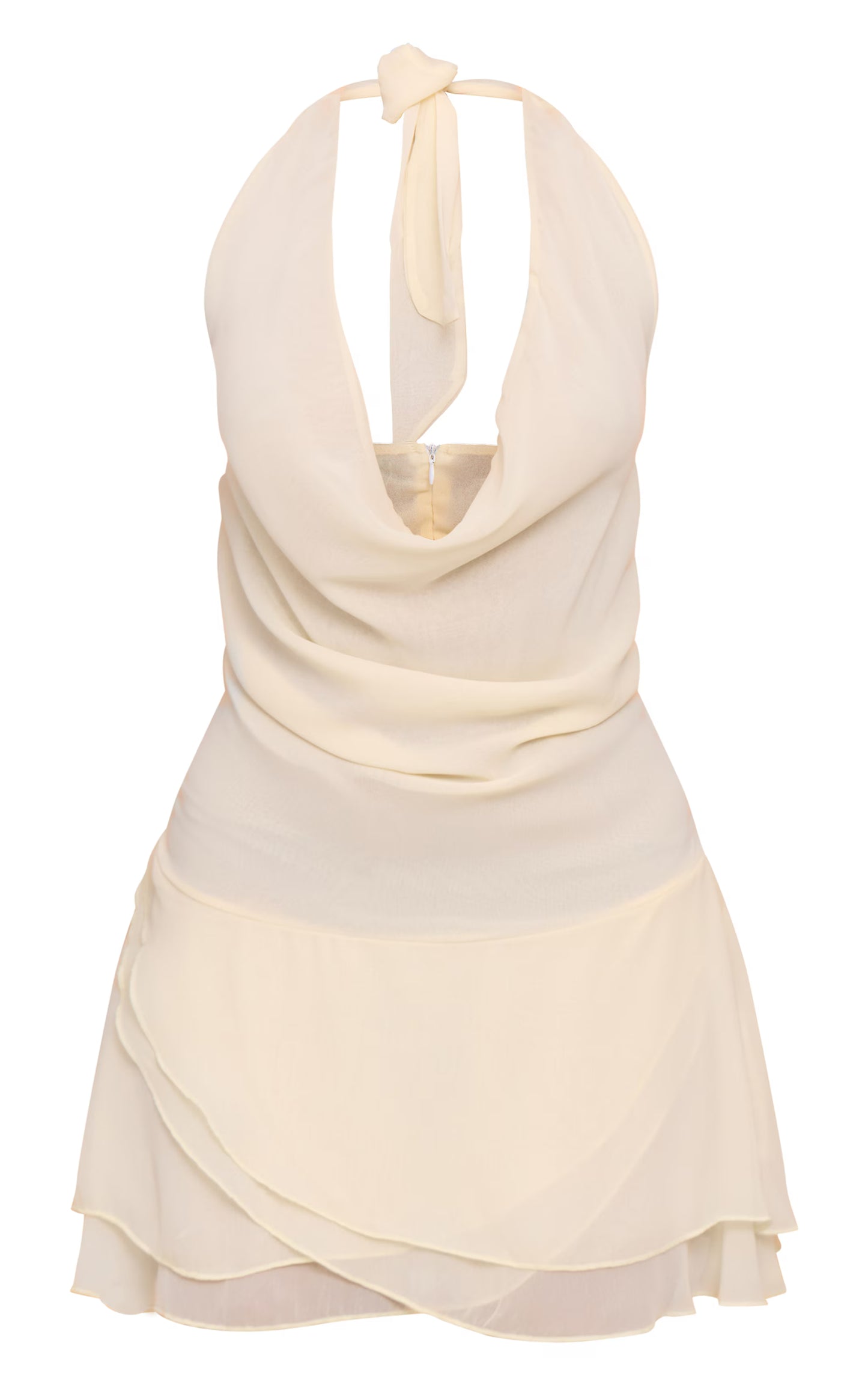 Almond Chiffon Cowl Neck Ruched Mini Dress