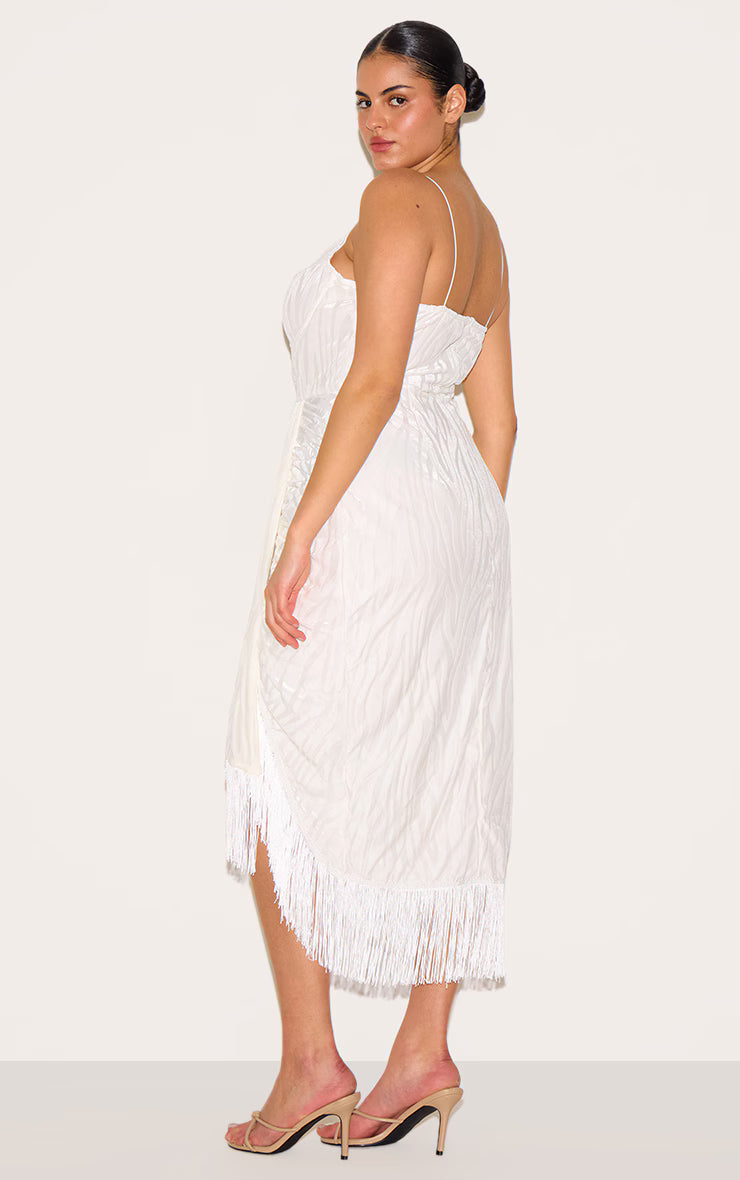 Plus White Devore Tassel Detail Underwired Draped Midi Dress