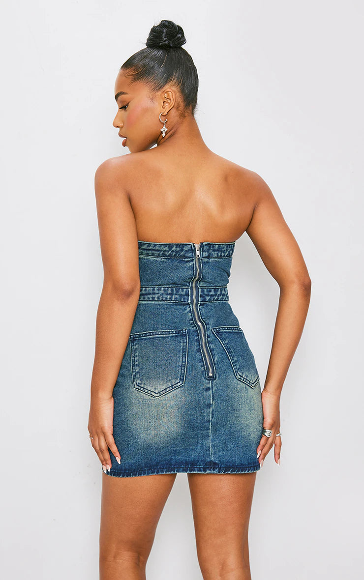 Indigo Blue Wash Zip Detail Bandeau Mini Dress