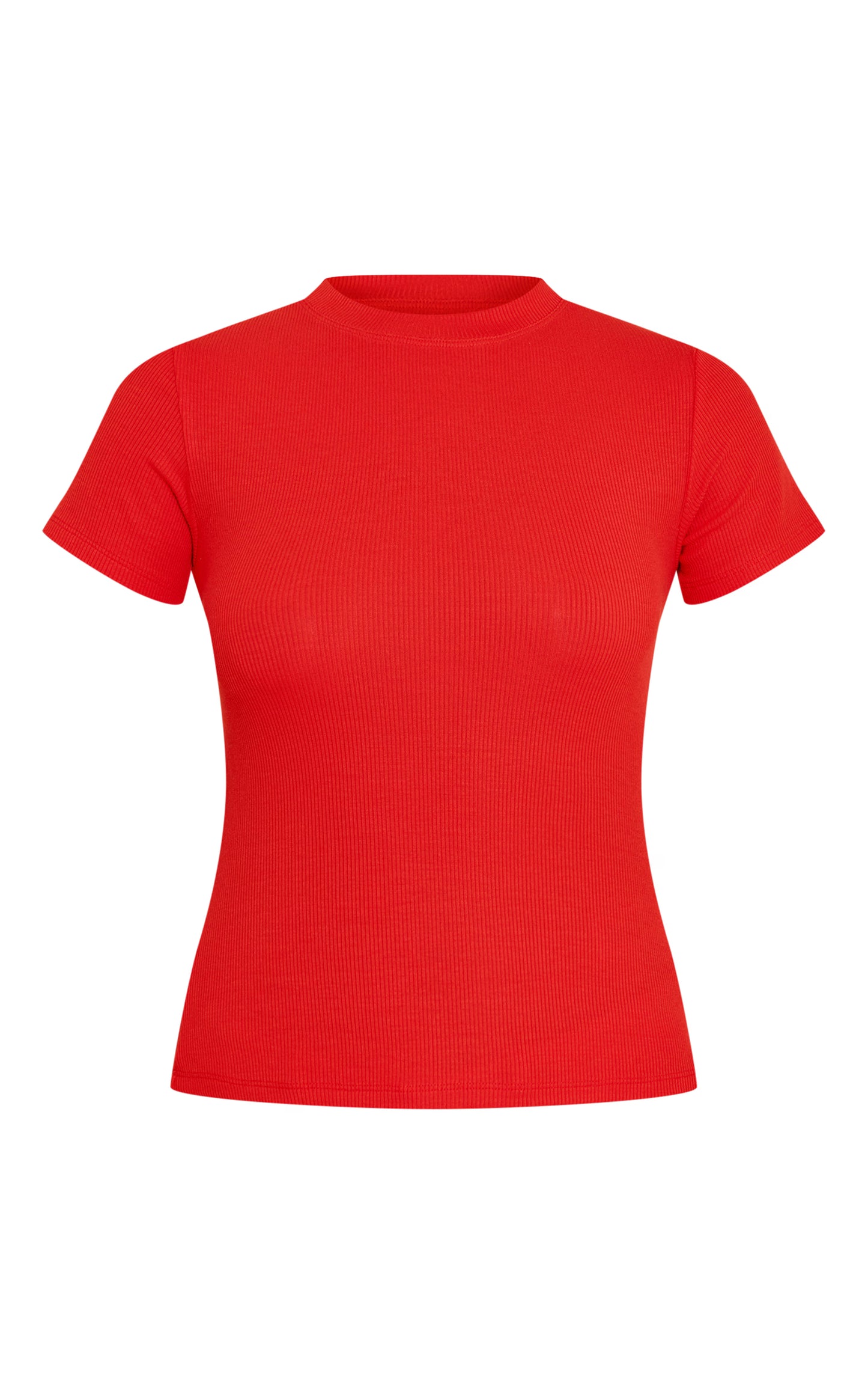 Tomato Red Soft Rib Crew Neck Short Sleeve Top