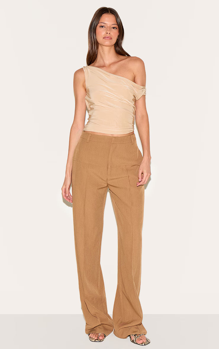 Sand Double Layer Slinky Twist Arm Cowl Long Top