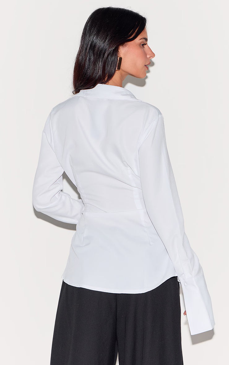 White Asymmetric Cinched Deep Cuff Shirt