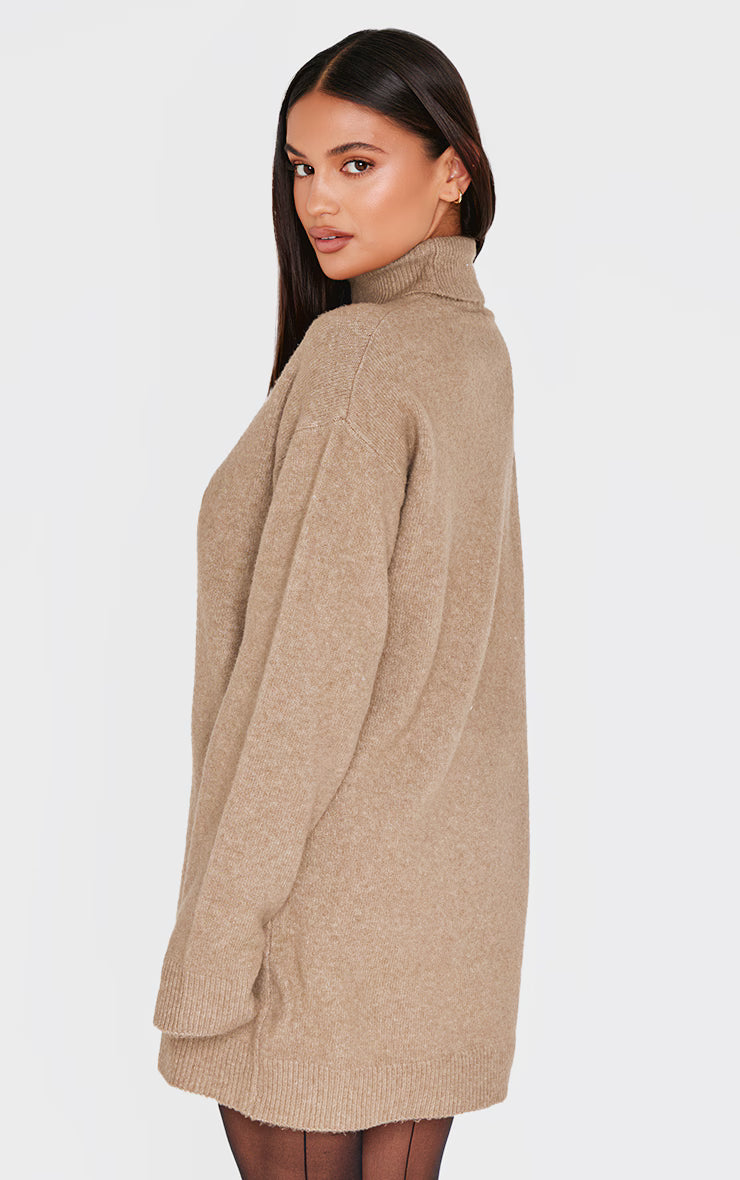 Light Mocha Soft Knit Roll Neck Oversized Seam Detail Sweater Dress