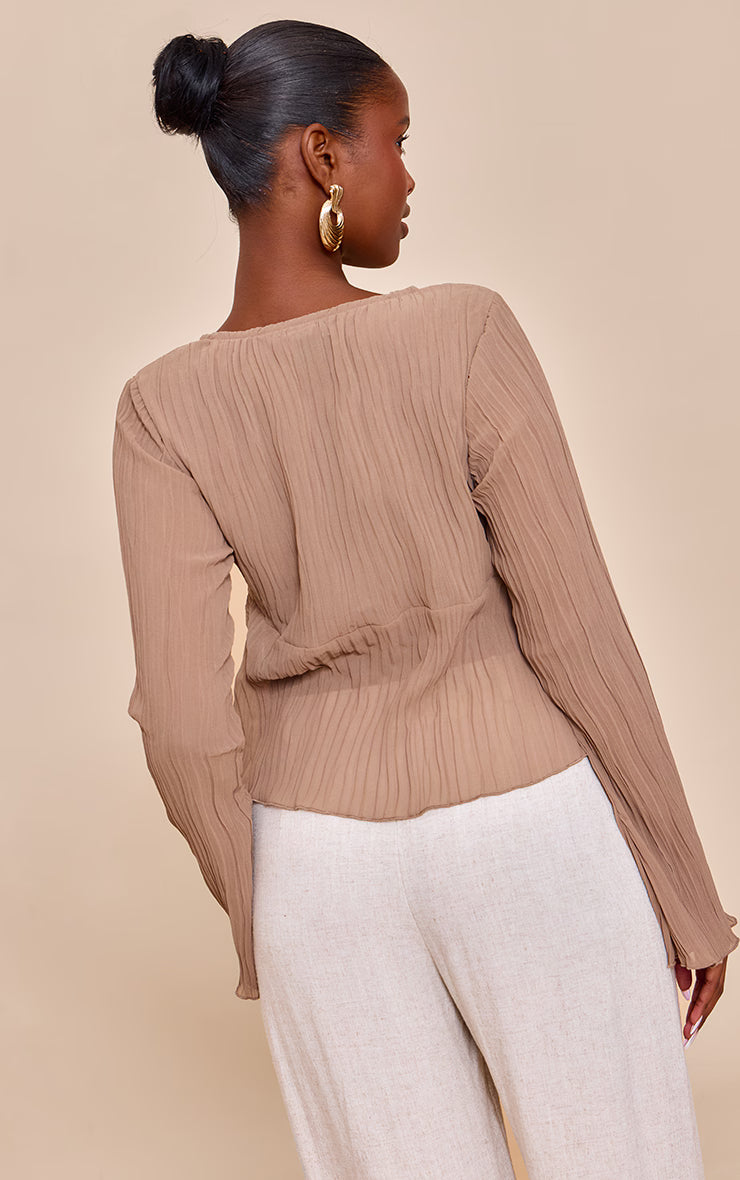 Mushroom Sheer Plisse Tie Front Flute Sleeve Blouse