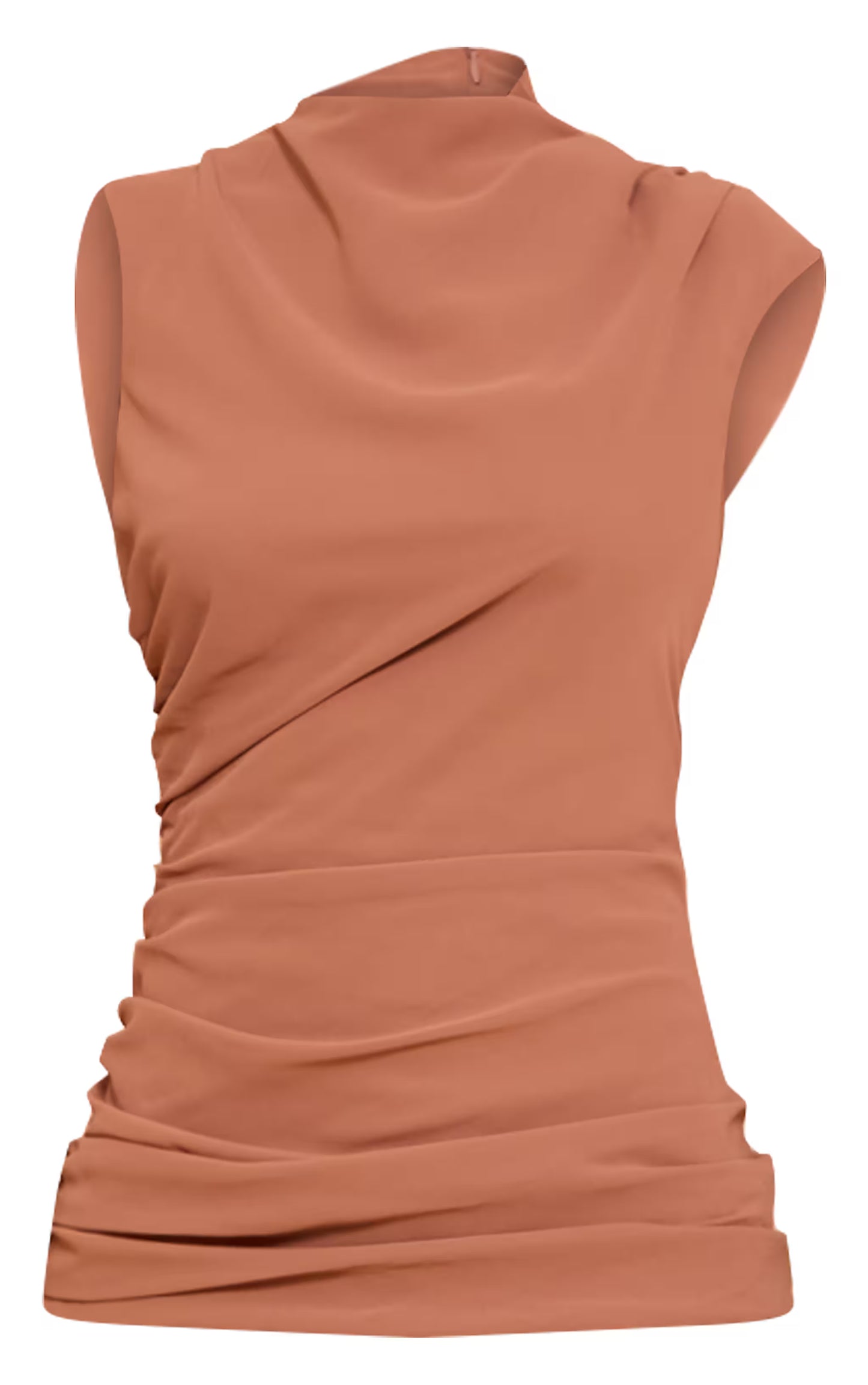 Mocha Chiffon Ruched Dropped Waist Sleeveless Maxi Dress