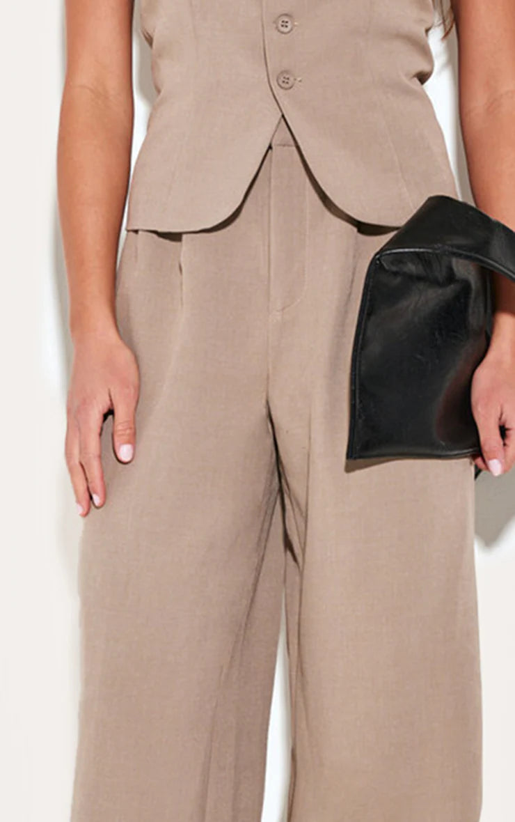 Taupe Tailored Tie Detail Woven Wide Leg Pants