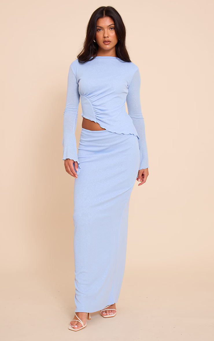 Light Blue Burnout Mesh Ruched Front Flared Sleeve Long Top