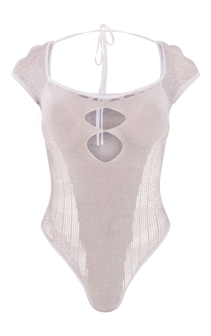 White Sheer Knit Cut Out Panelled Bodysuit