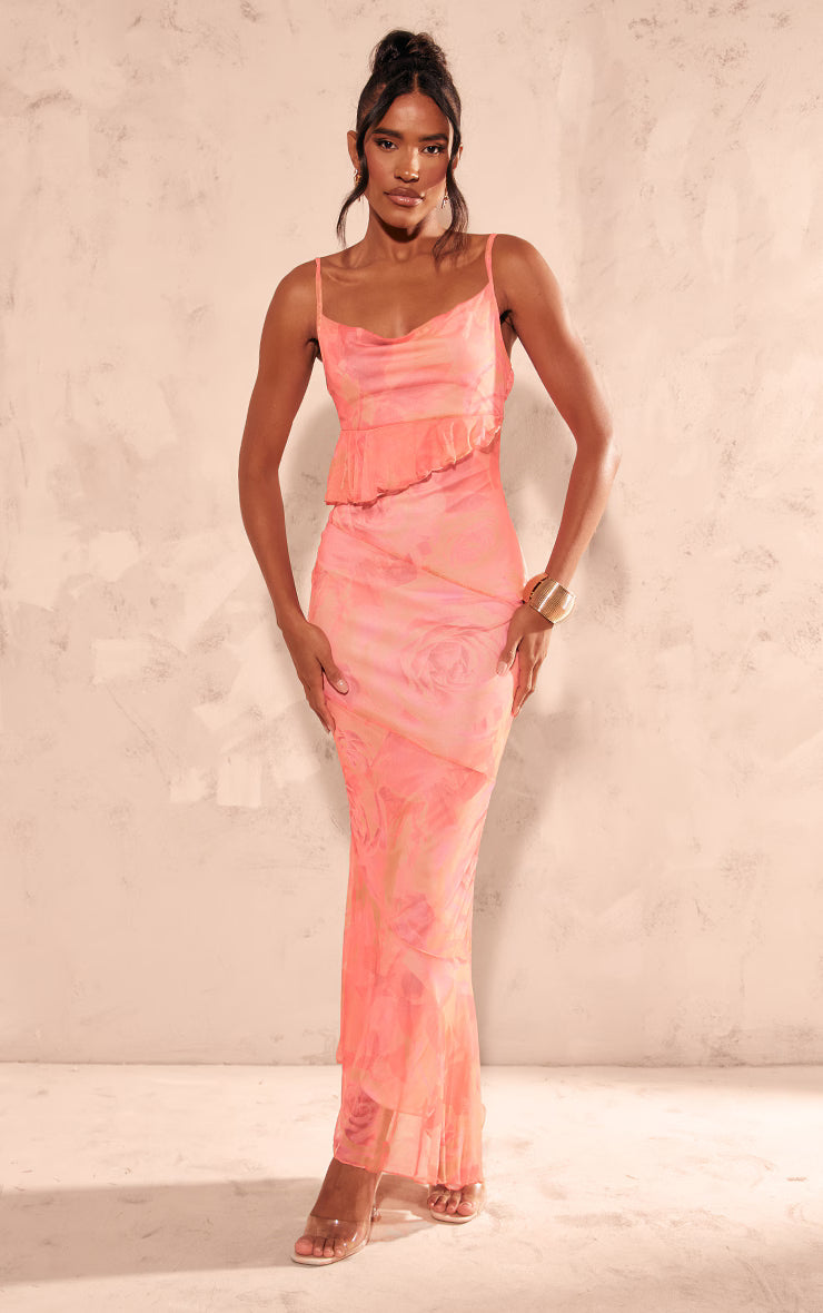Pink Printed Mesh Frill Cowl Back Maxi Dress