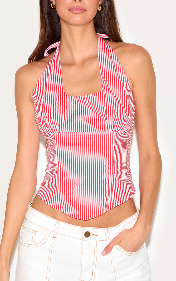 Red Striped Halterneck Dip Hem Top