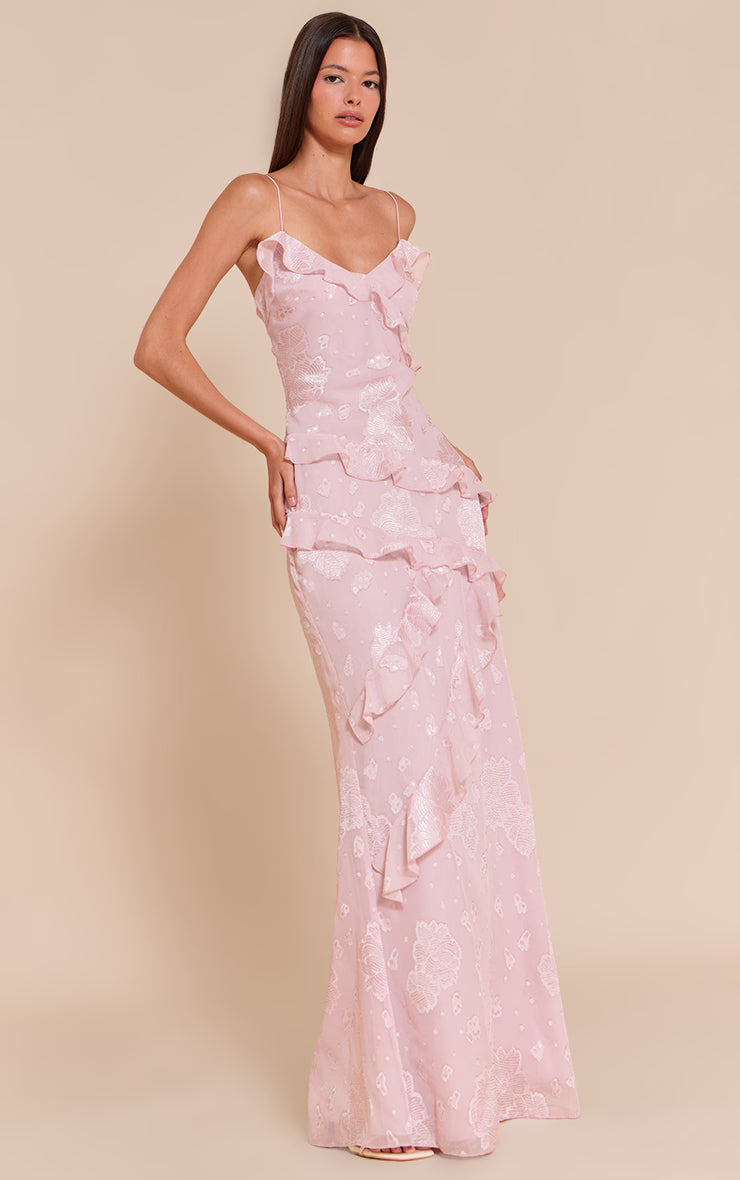 Light Pink Floral Embroidered Frill Maxi Dress