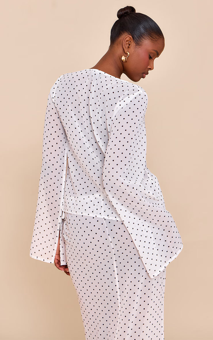 White Sheer Polka Dot Long Sleeve Button Up Top
