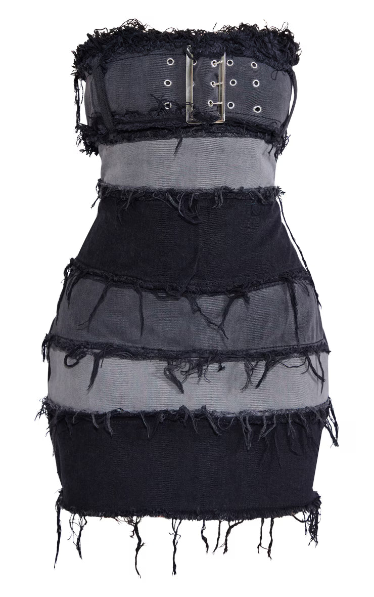 Petite Washed Black Distressed Panel Belted Denim Dress