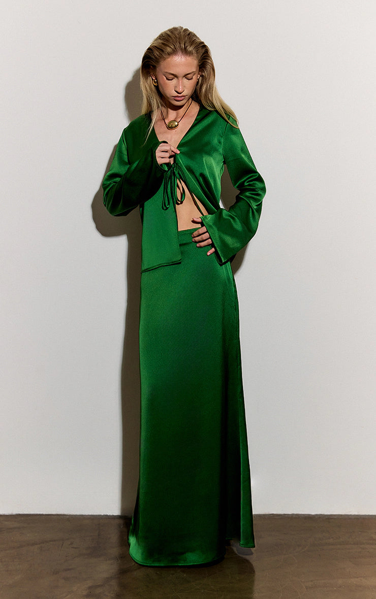 Green Satin Fishtail Midaxi Skirt