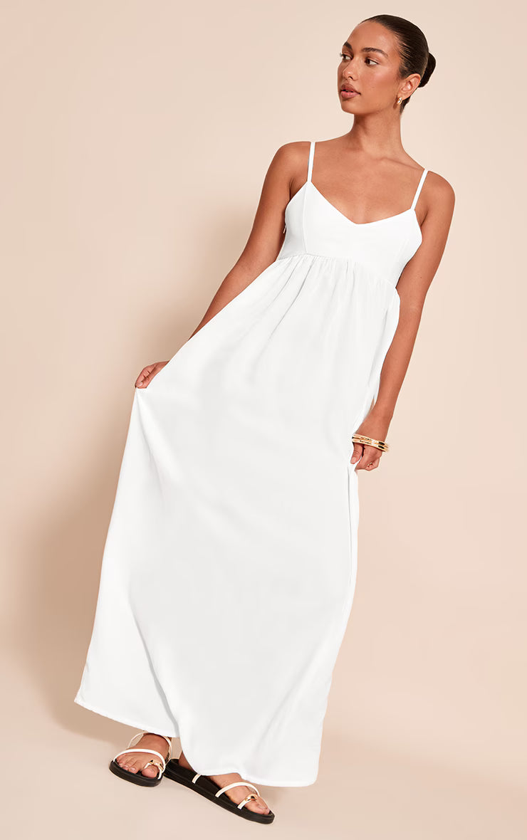 White Textured Strappy Scoop Neck Sleeveless Maxi Dress