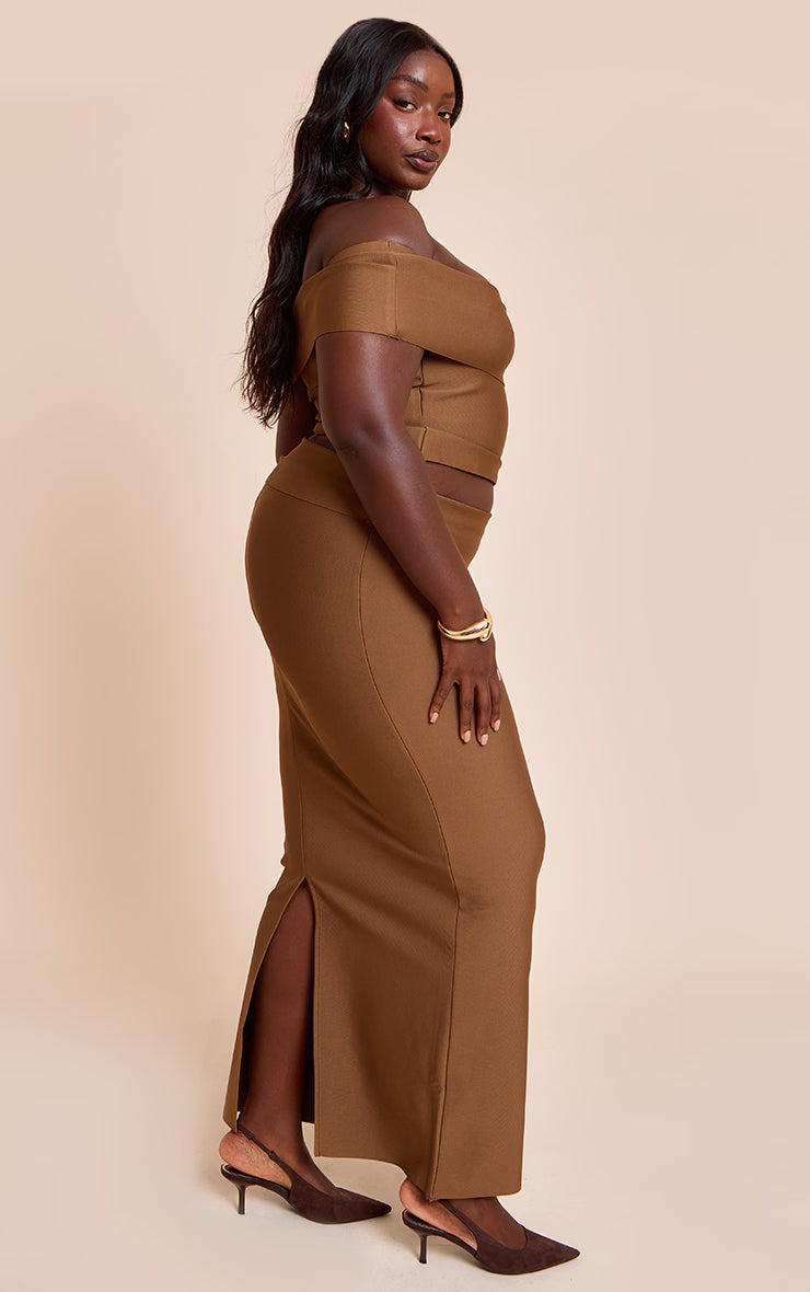Plus Deep Chocolate Tailored Bandage Knit Asymmetric Fold Over Top