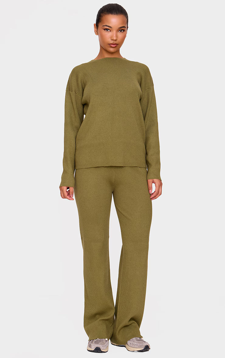 Khaki Light Rib Knit Wide Leg Pants