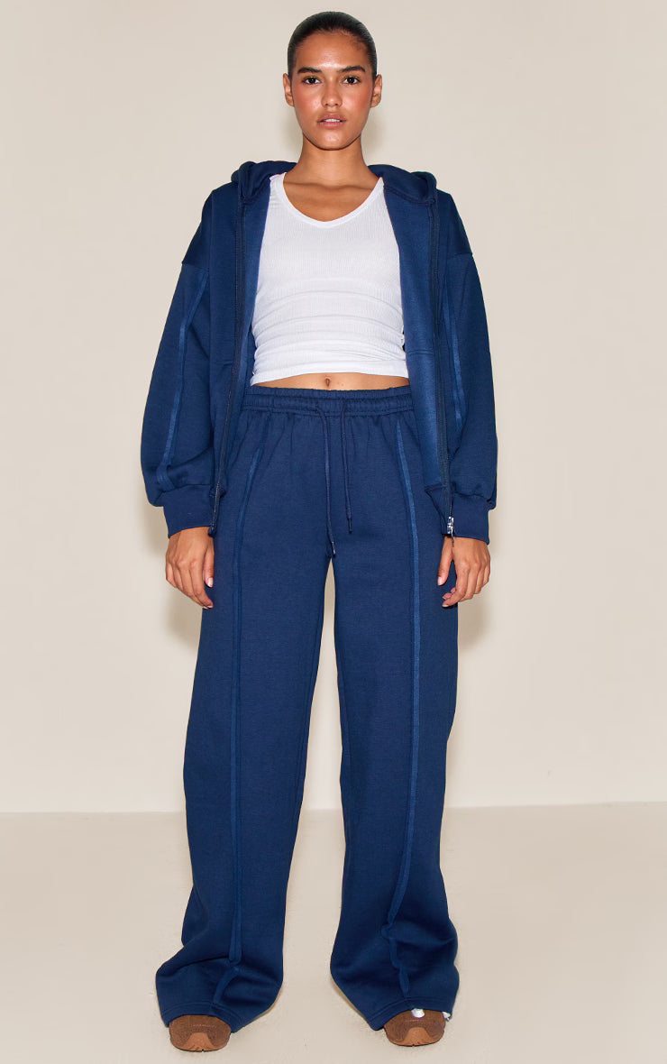 Navy Oversized Zip Through Seam Detail Hoodie