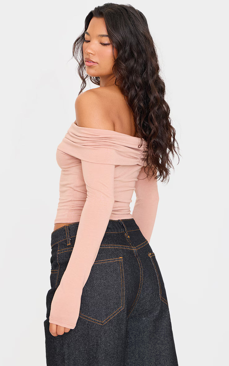 Stone Contour Jersey Ruched Foldover Bardot Crop Top