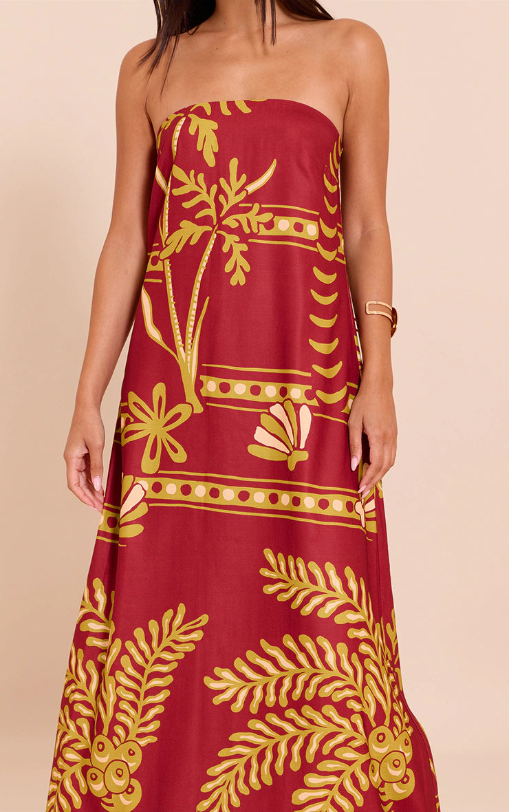 Deep Red Palm Print Woven Bandeau Maxi Dress