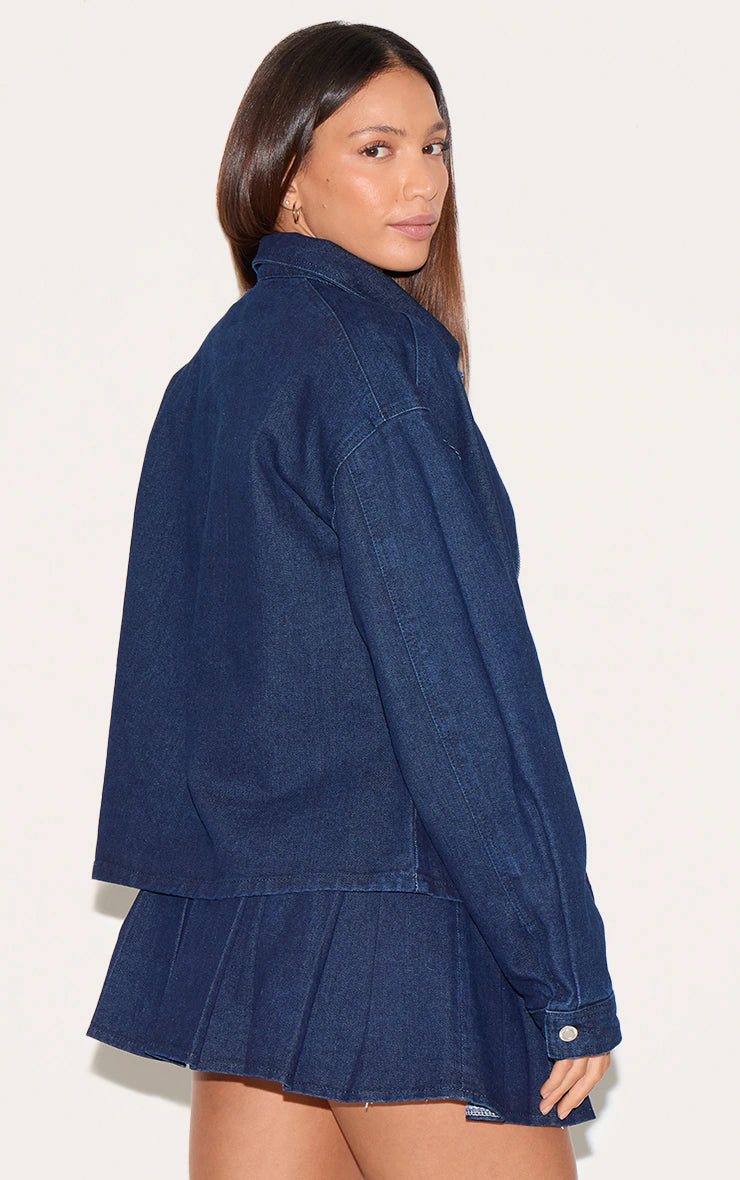 Tall Dark Indigo Zip Up Collared Oversized Denim Shirt