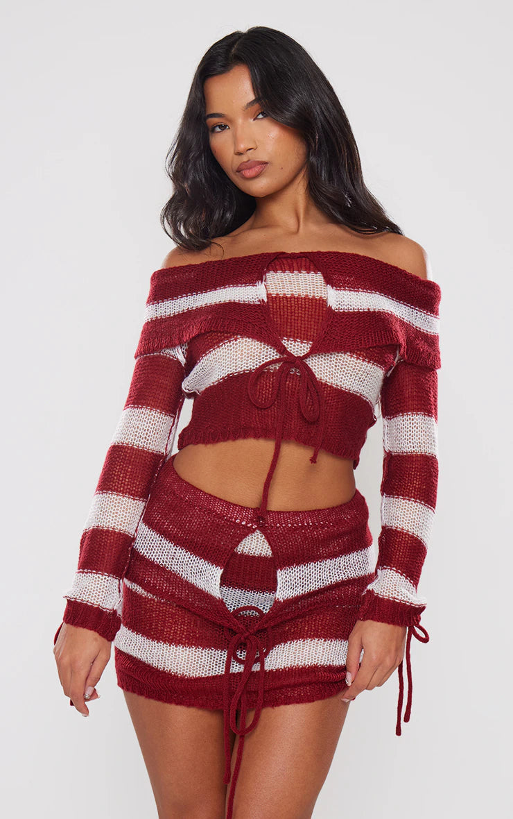Cherry Red Abstract Soft Knit Foldover Tie Detail Micro Mini Skirt