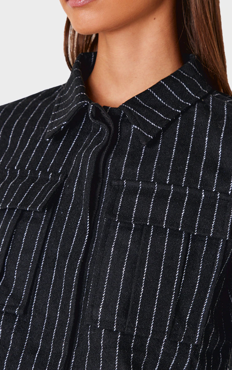 Black Premium Pinstripe Pocket Detail Cropped Shirt