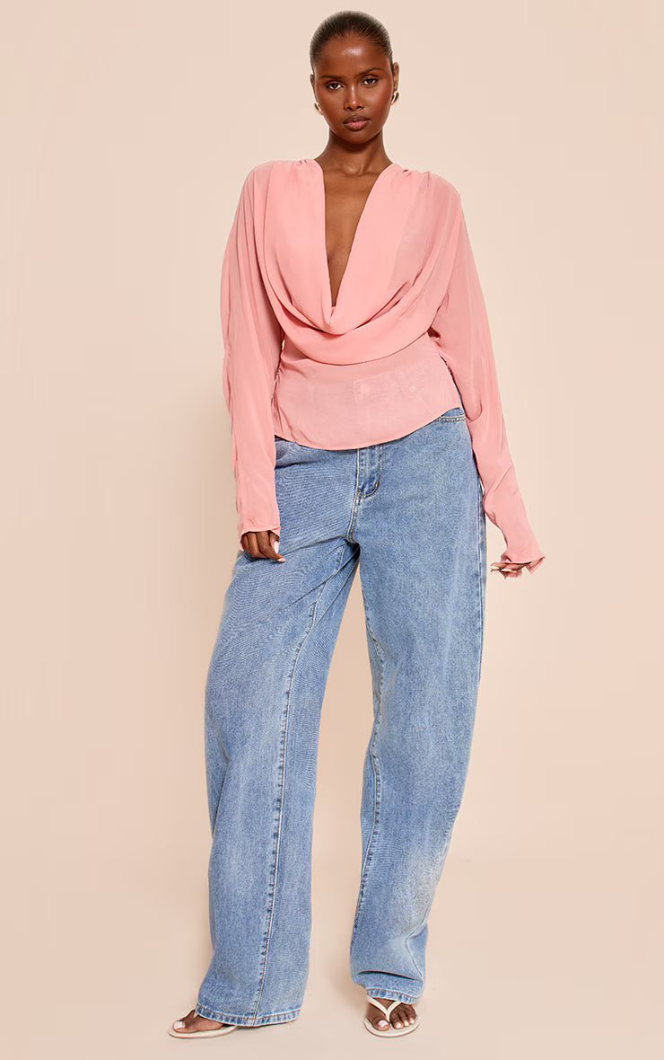 Peach Chiffon Cowl Neck Long Sleeve Blouse