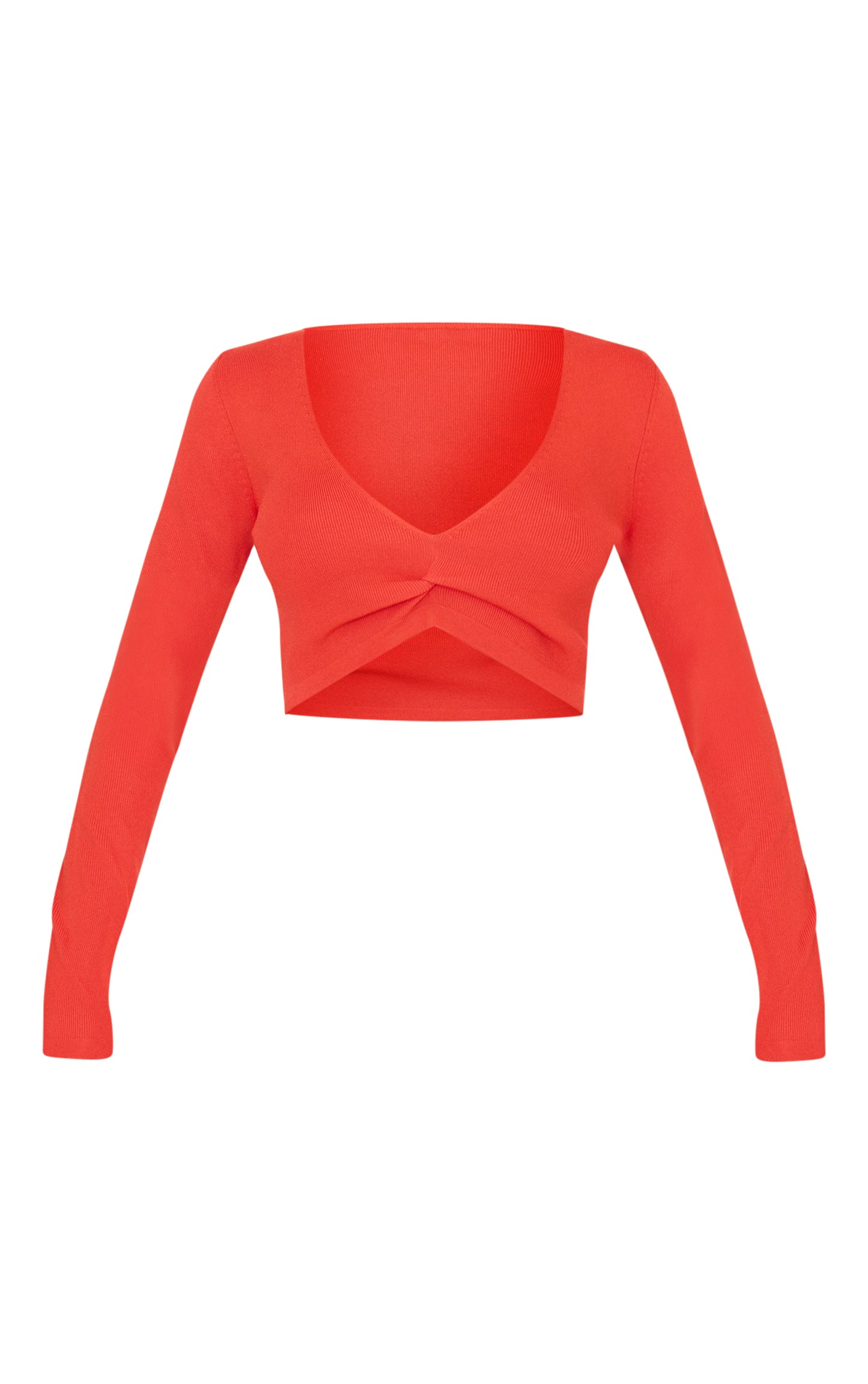 Red Soft Rib Knit Twist Front Long Sleeve Top