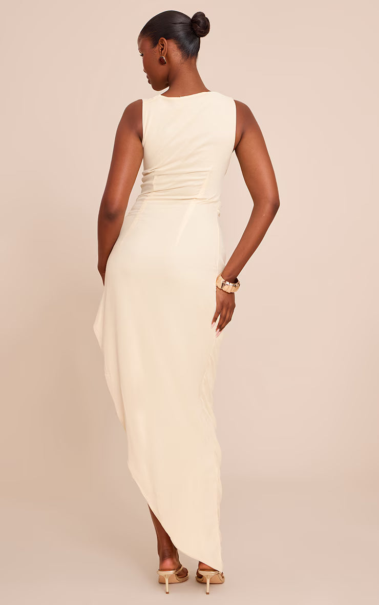 Cream Chiffon Cowl Ruched Midi Dress