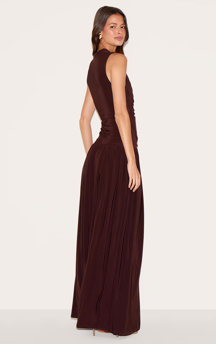 Chocolate Double Layer Soft Touch Drop Waist Ruched Maxi Dress
