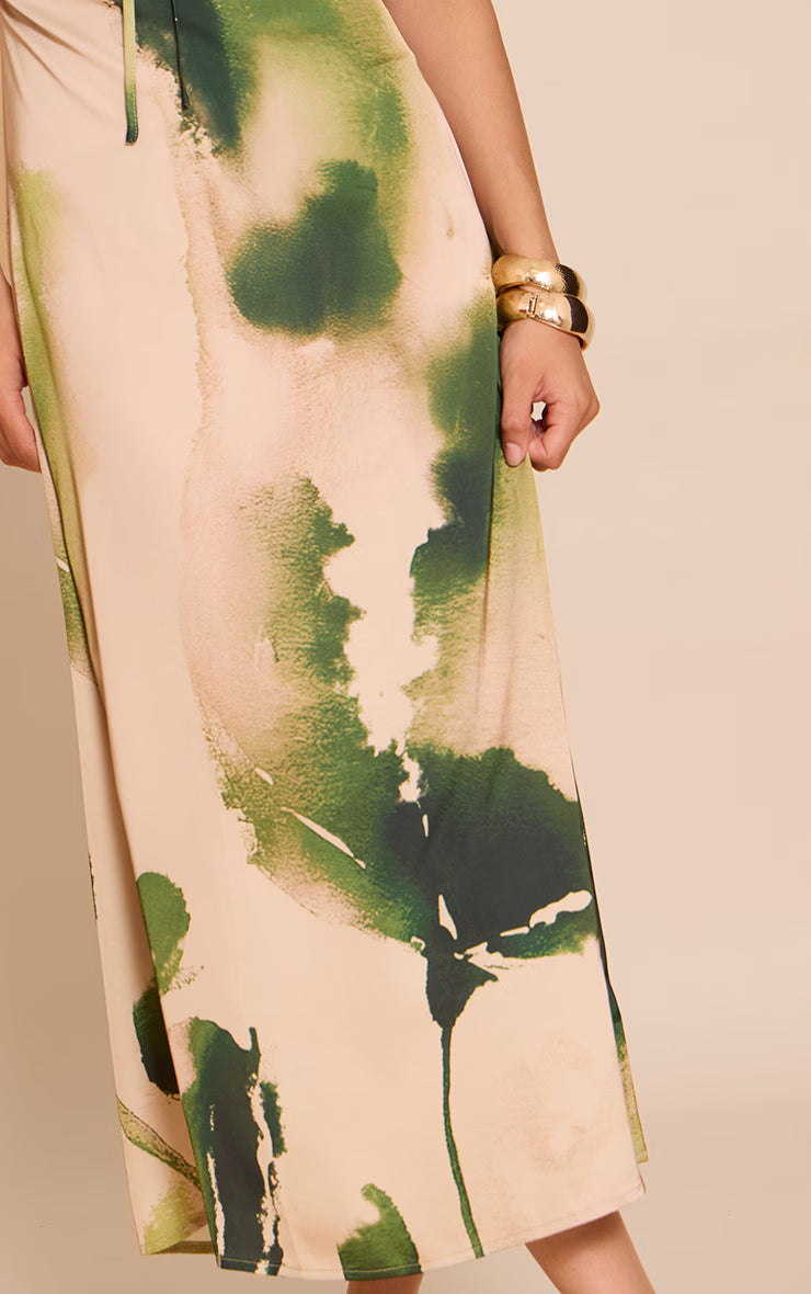 Green Floral Satin Tie Front Maxi Dress