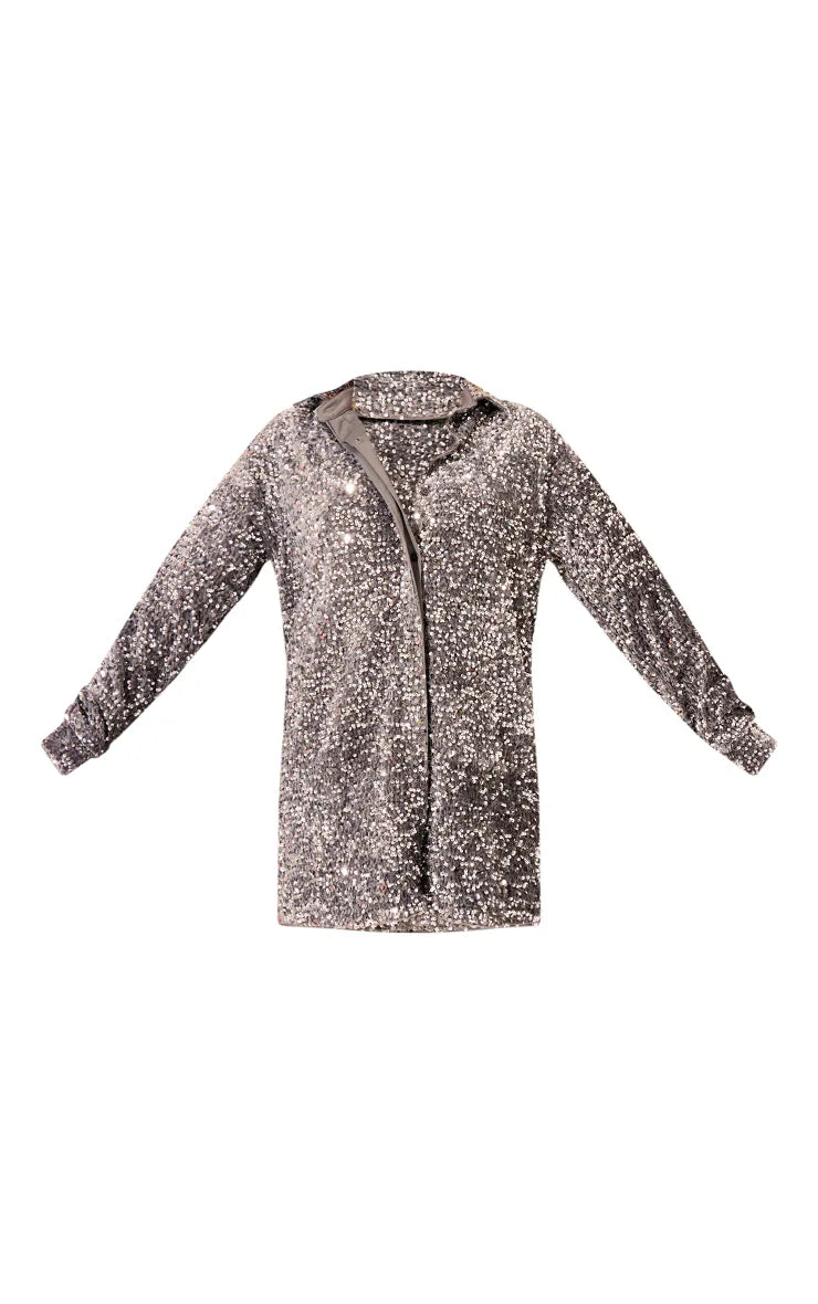 Silver Velvet Sequin Oversized Shirt Dress