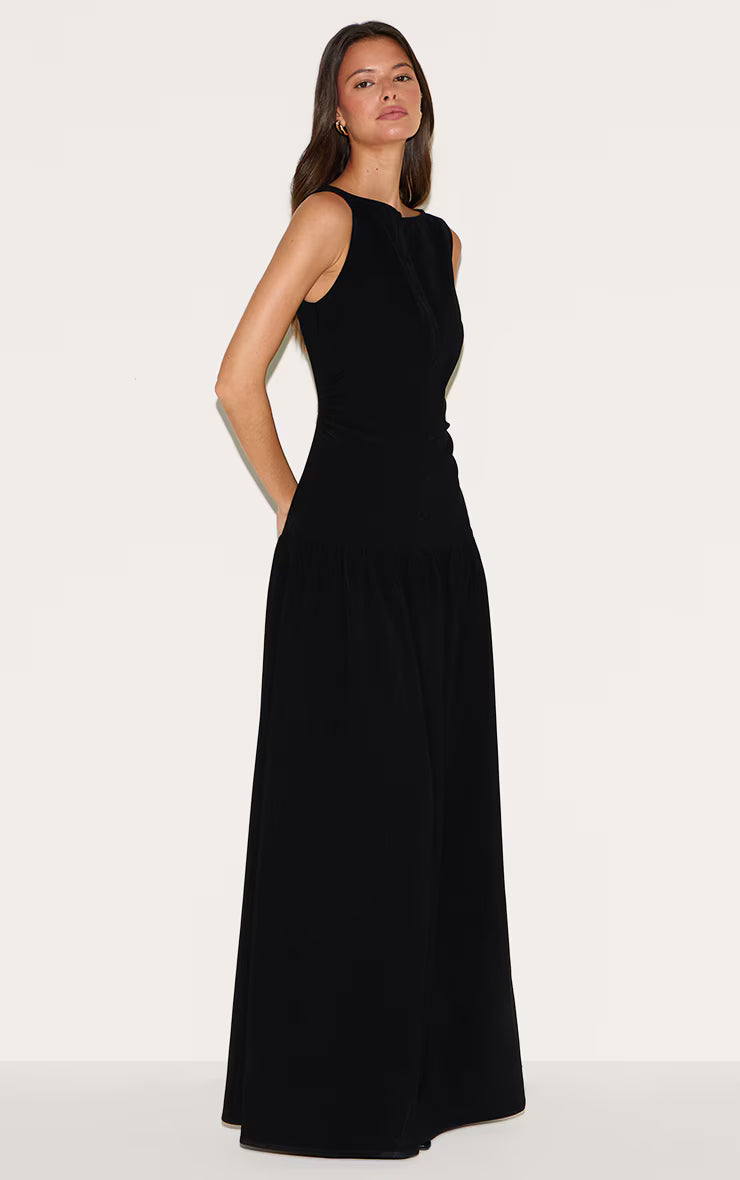 Black Woven Button Dropped Waist Maxi Dress