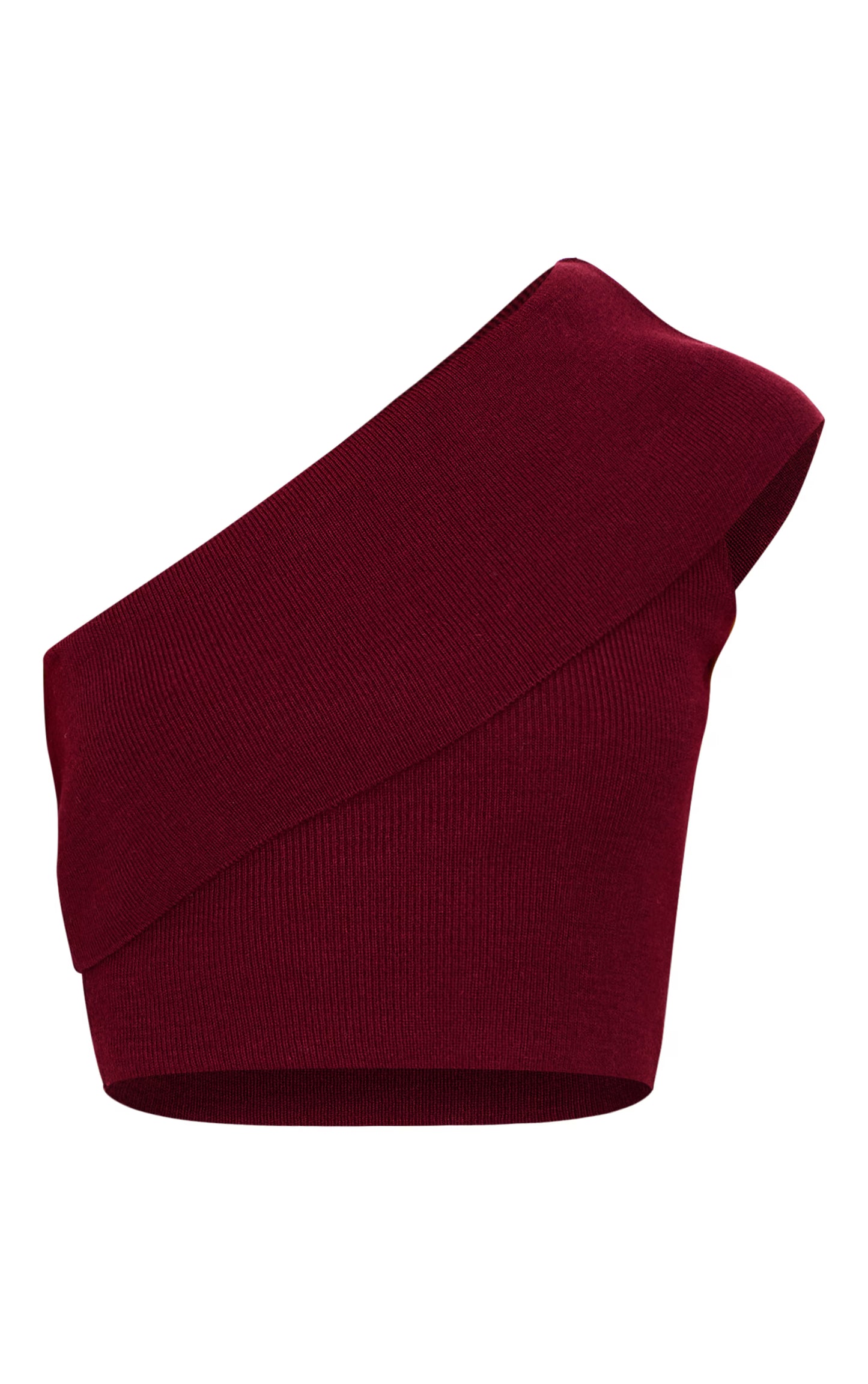 Burgundy Soft Rib Knit One Shoulder Fold Over Crop Top