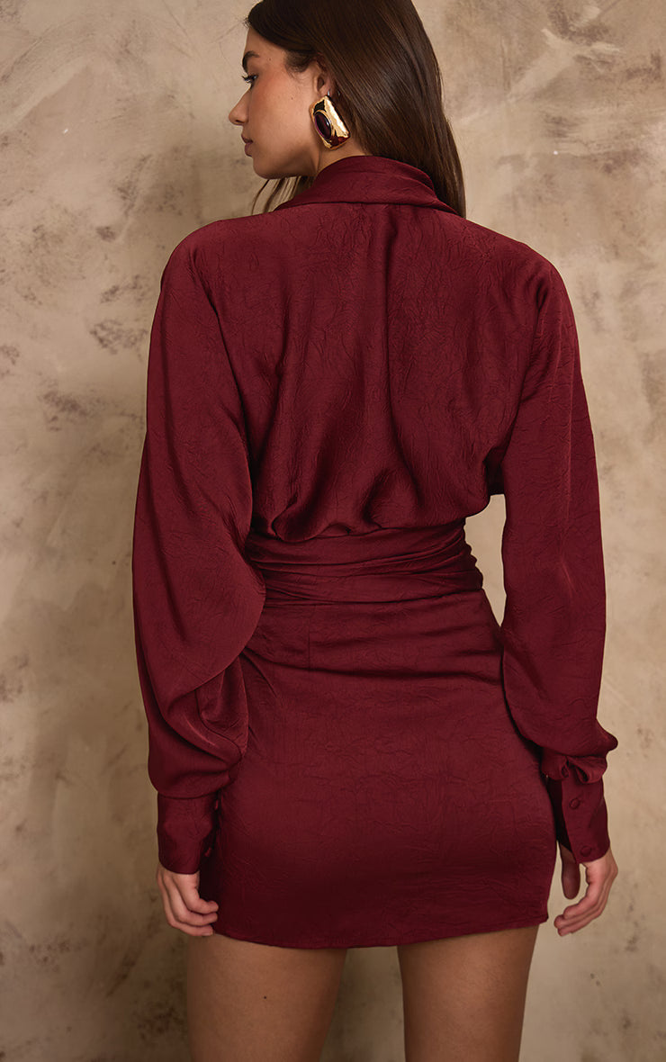 PLT Label Dark Red Hammered Satin Long Sleeve Plunge Mini Dress