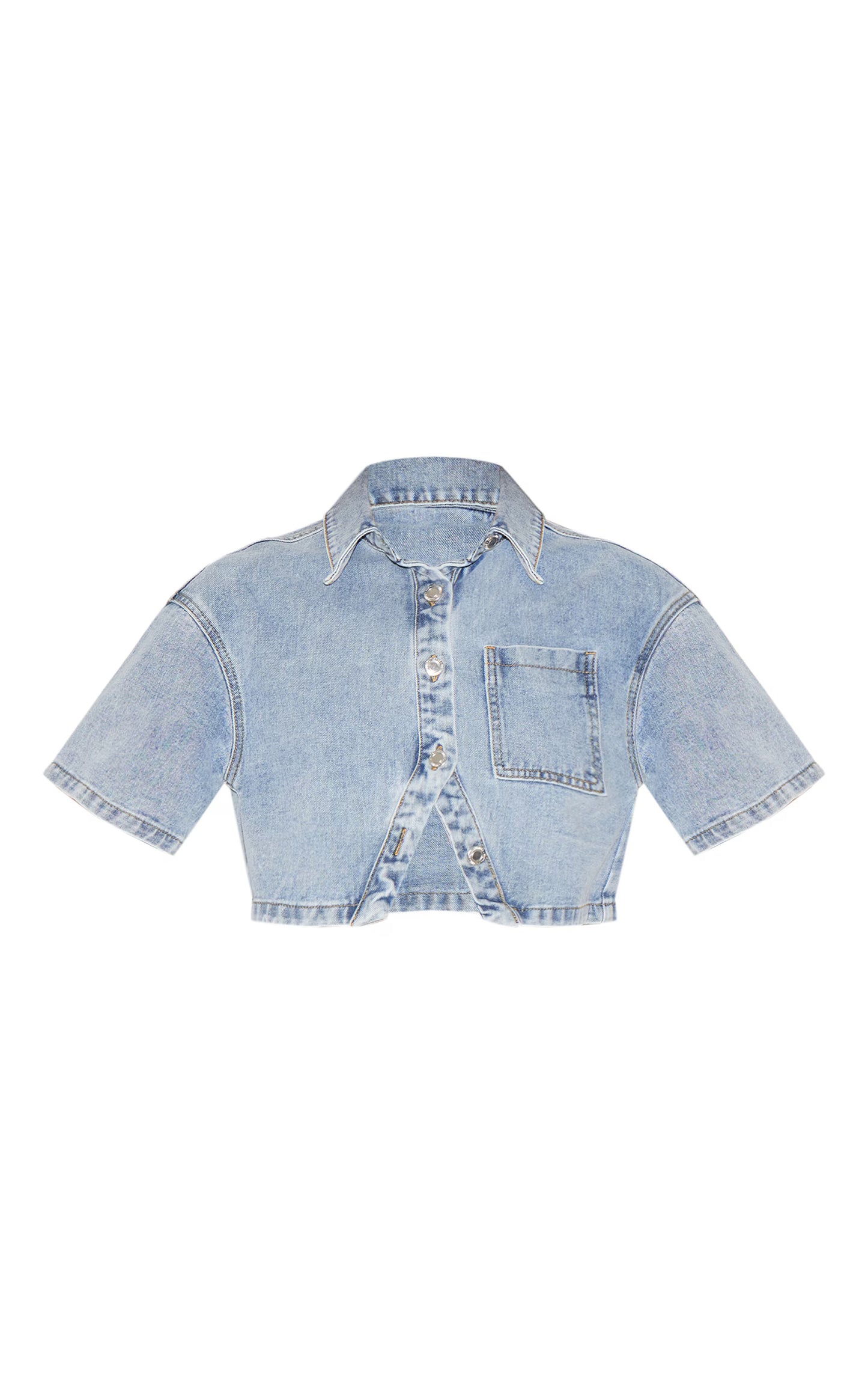 Tall Vintage Wash Button Up Short Sleeve Cropped Denim Shirt