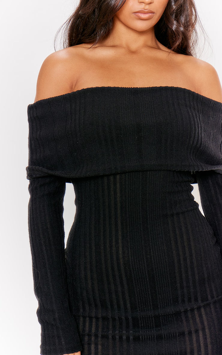Black Brushed Rib Oversized Bardot Maxi Dress