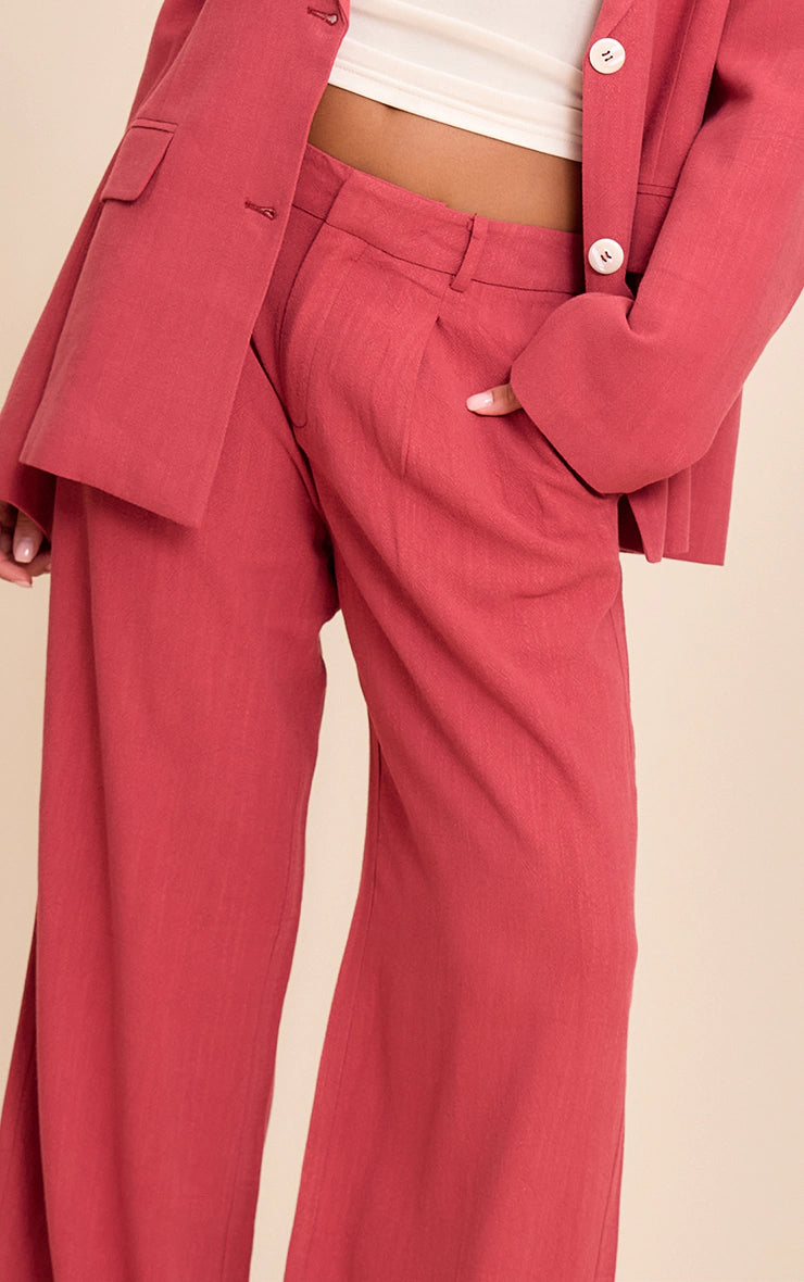 Dark Red Tailored Linen Wide Leg Pants