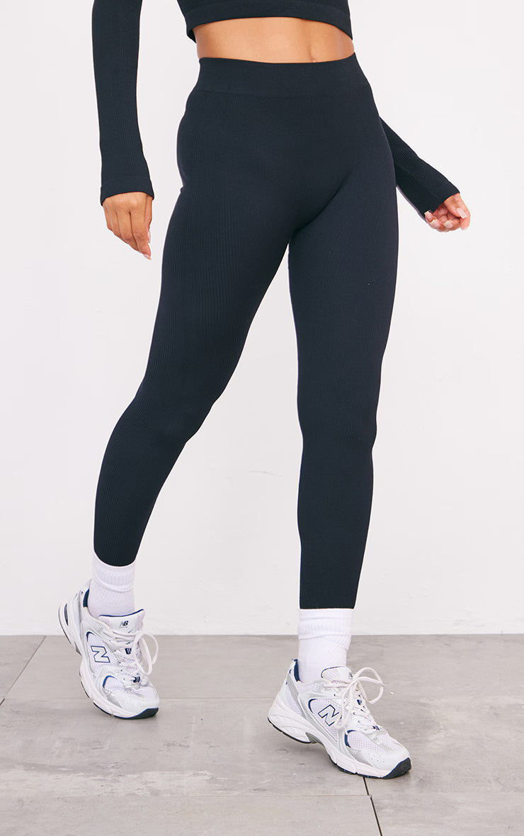 Black Structured Snatched Ribbed Leggings