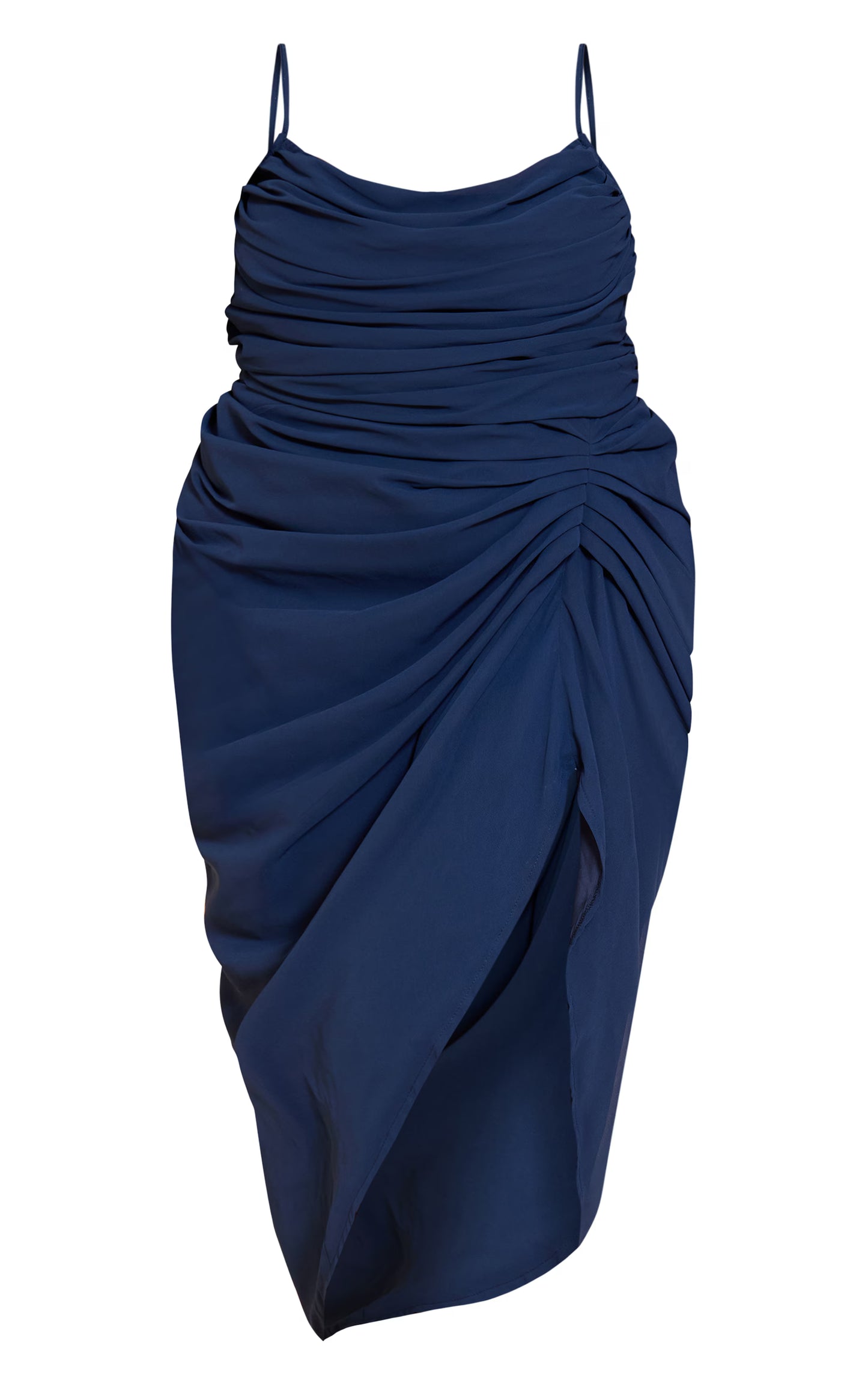 Plus Navy Chiffon Ruched Drape Midi Dress