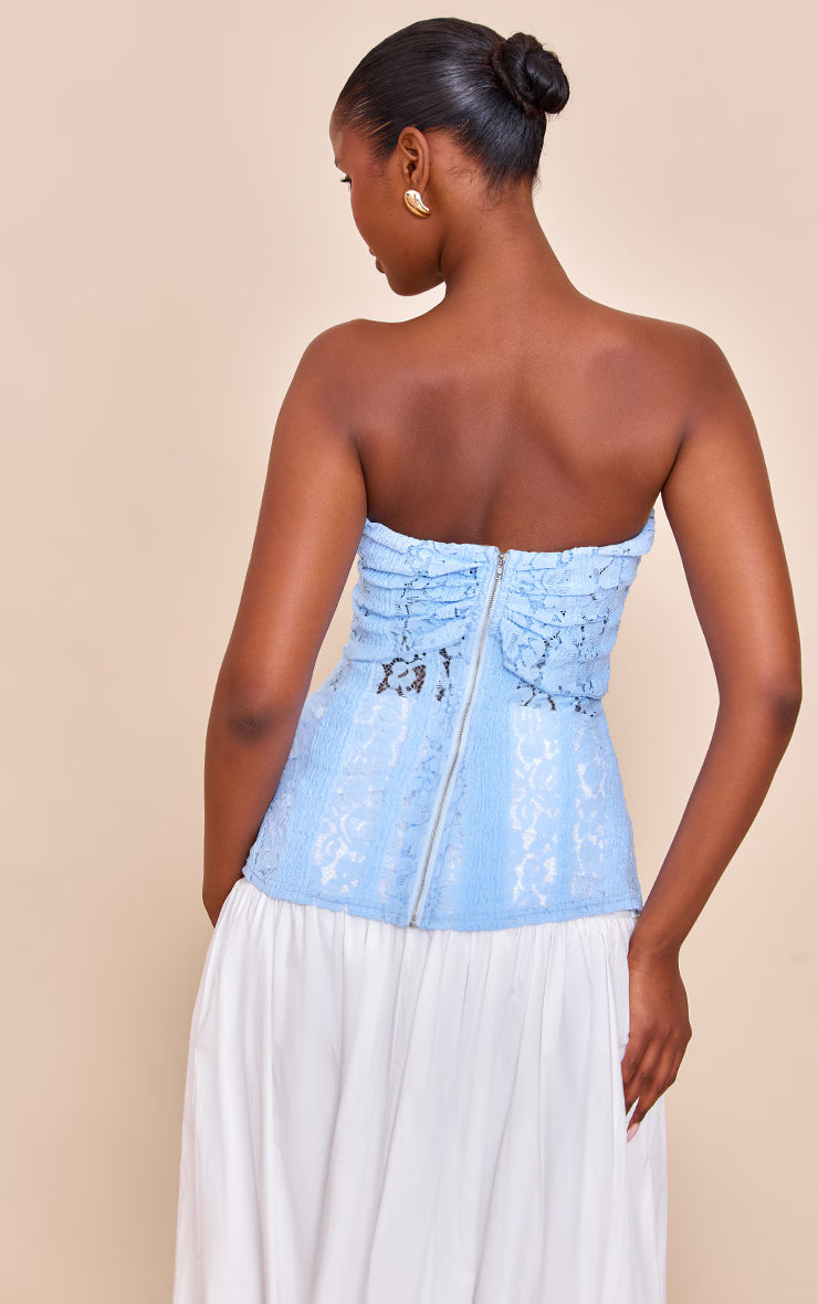 Sky Blue Fitted Lace Bandeau Longline Top