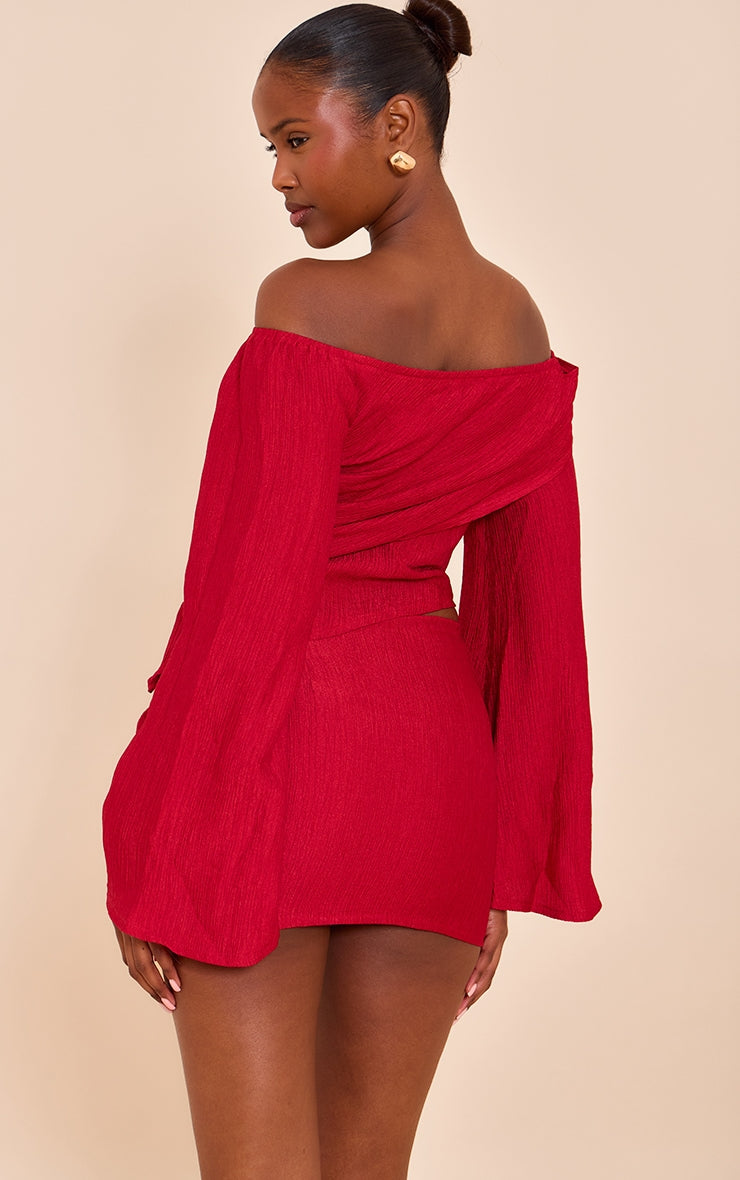 Tomato Red Textured Gold Detail Bardot Long Sleeve Top